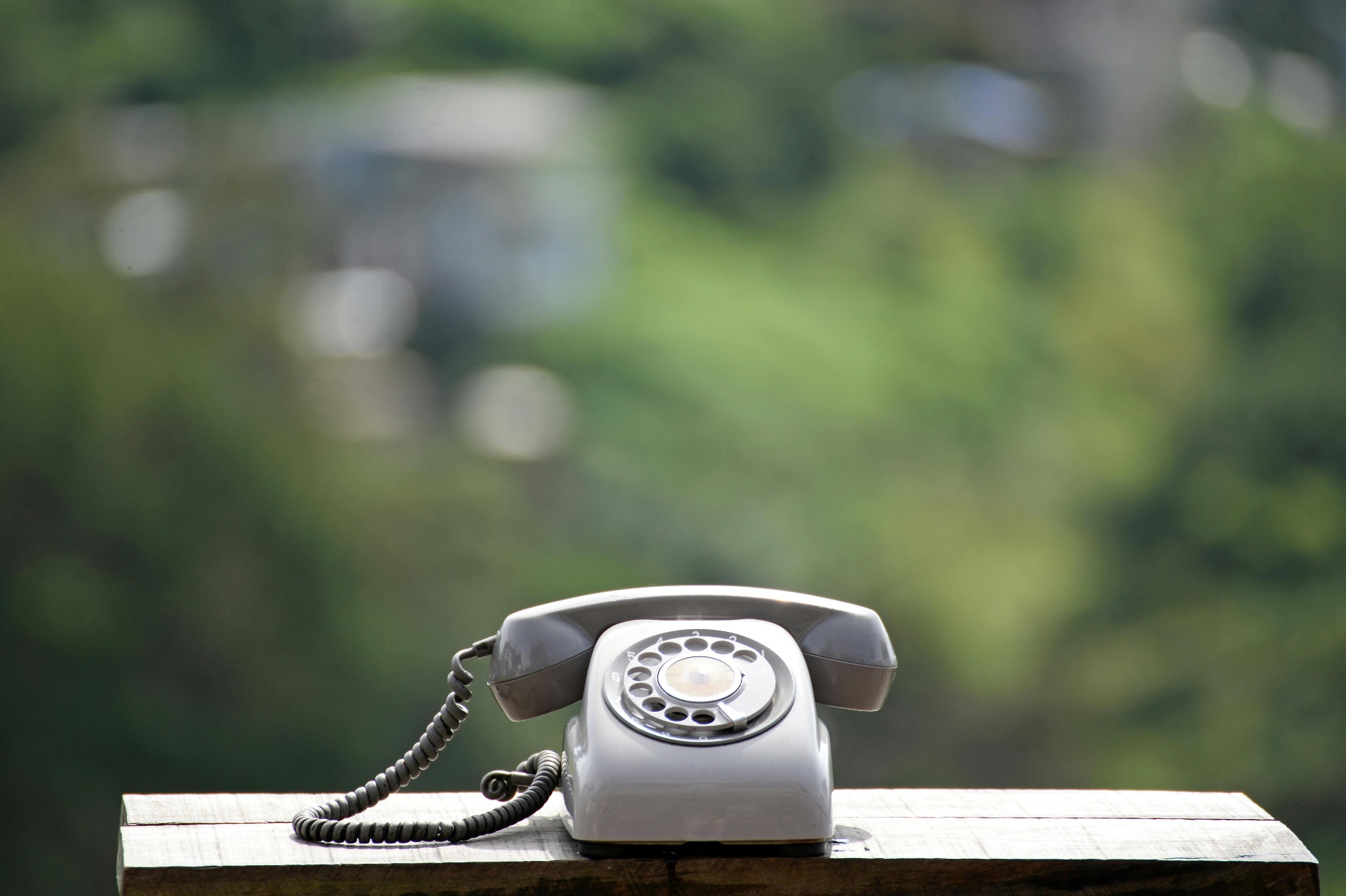 A vintage rotary telephone resting on a wooden ledge with soft green foliage behind it